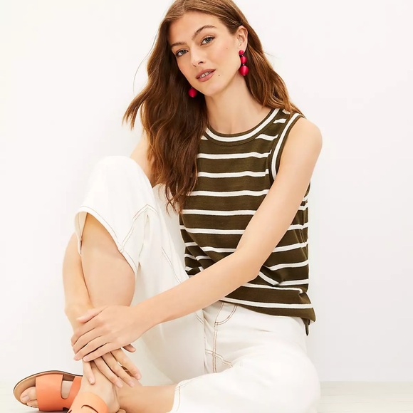 LOFT Green‎ Striped Harbor Cotton Tank Top-Size XS - Picture 2 of 5